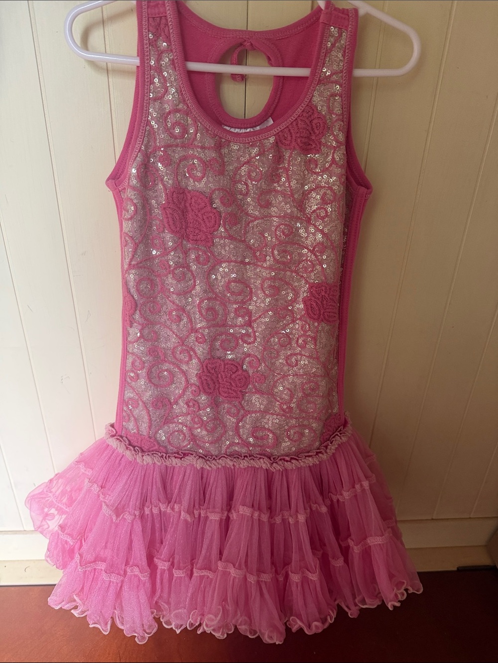 Girls Pink Sequin Lace Tank Dance Dress with Ruffled Tulle Skirt